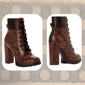 Just Fab • brown & black snakeskin print lace up 4” heel ankle boots